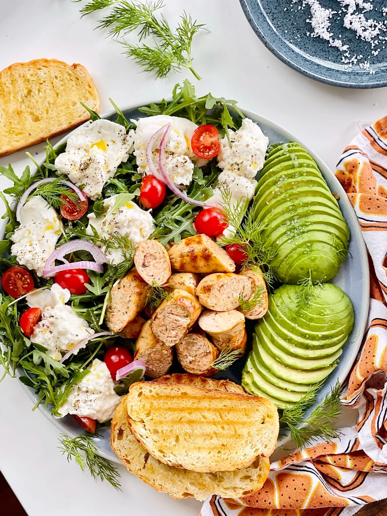 Picture for Arugula Avocado Lemon Dill Salmon Sausage Salad Toasts