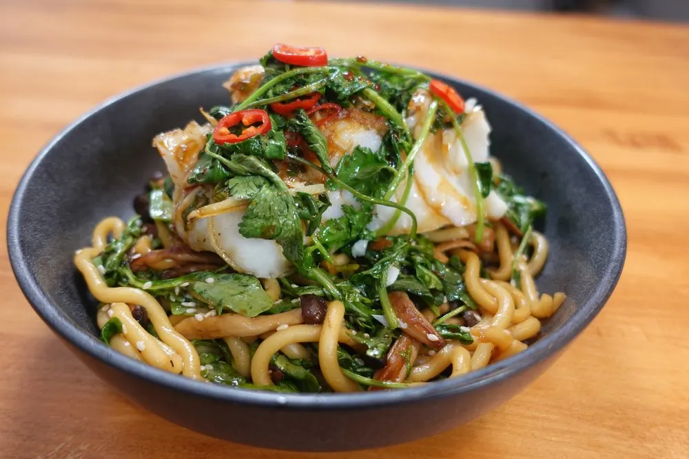 Picture for Steamed Fish w/ Warm Mushroom-Udon Salad