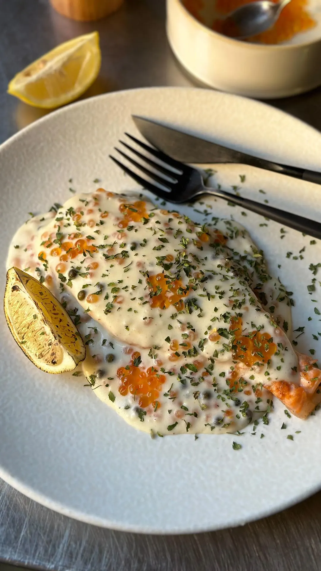 Picture for Pan Fried Salmon with Pickled Pepper Sauce and Caviar