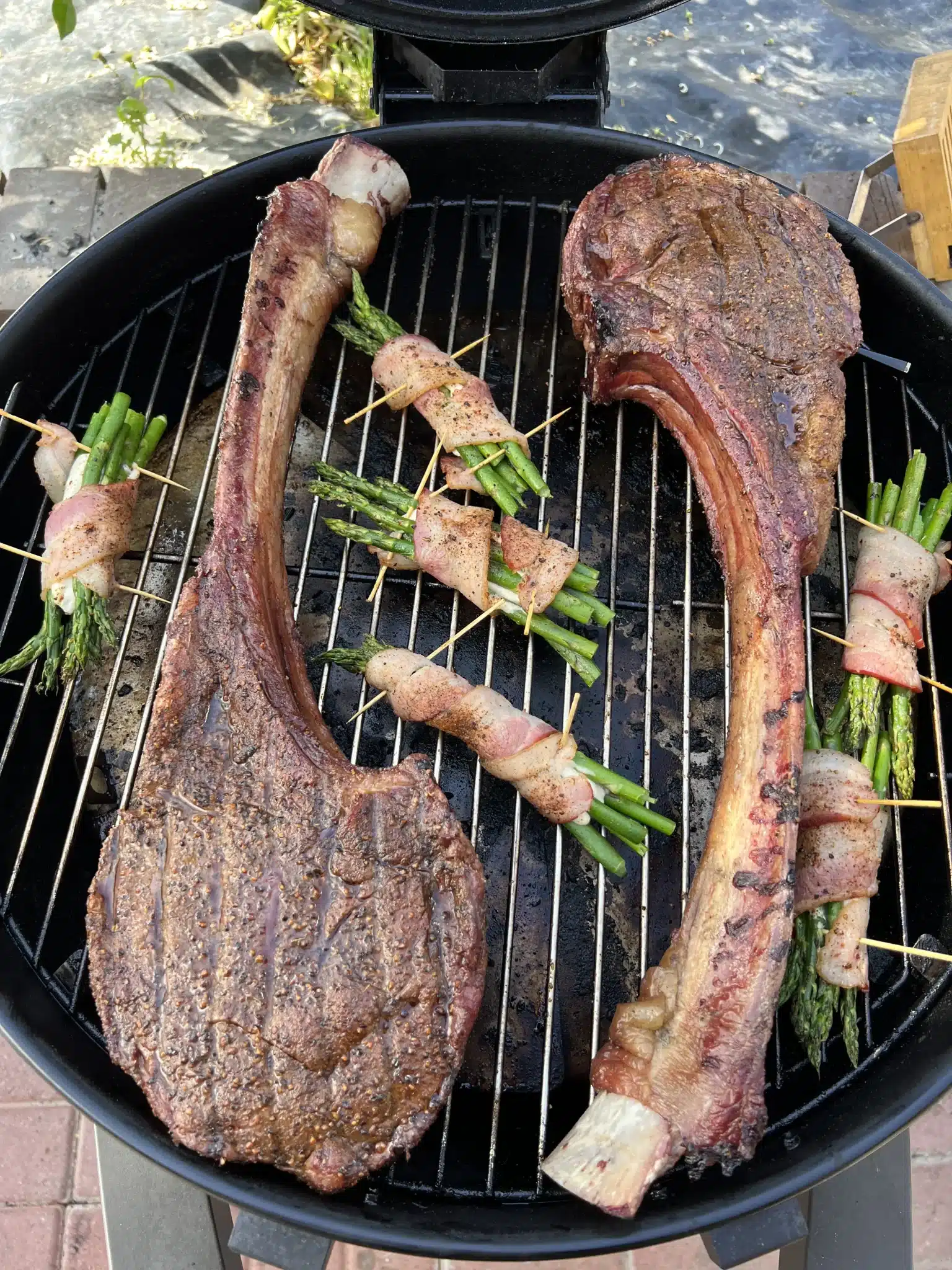 Picture for Reverse Seared Tomahawk Steaks with Bacon Wrapped Crema Cheese Asparagus