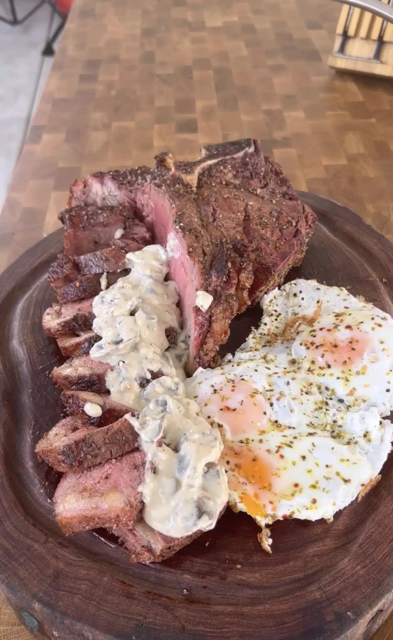 Picture for Smoked Porterhouse Steak and Eggs with Creamy Mushroom Sauce