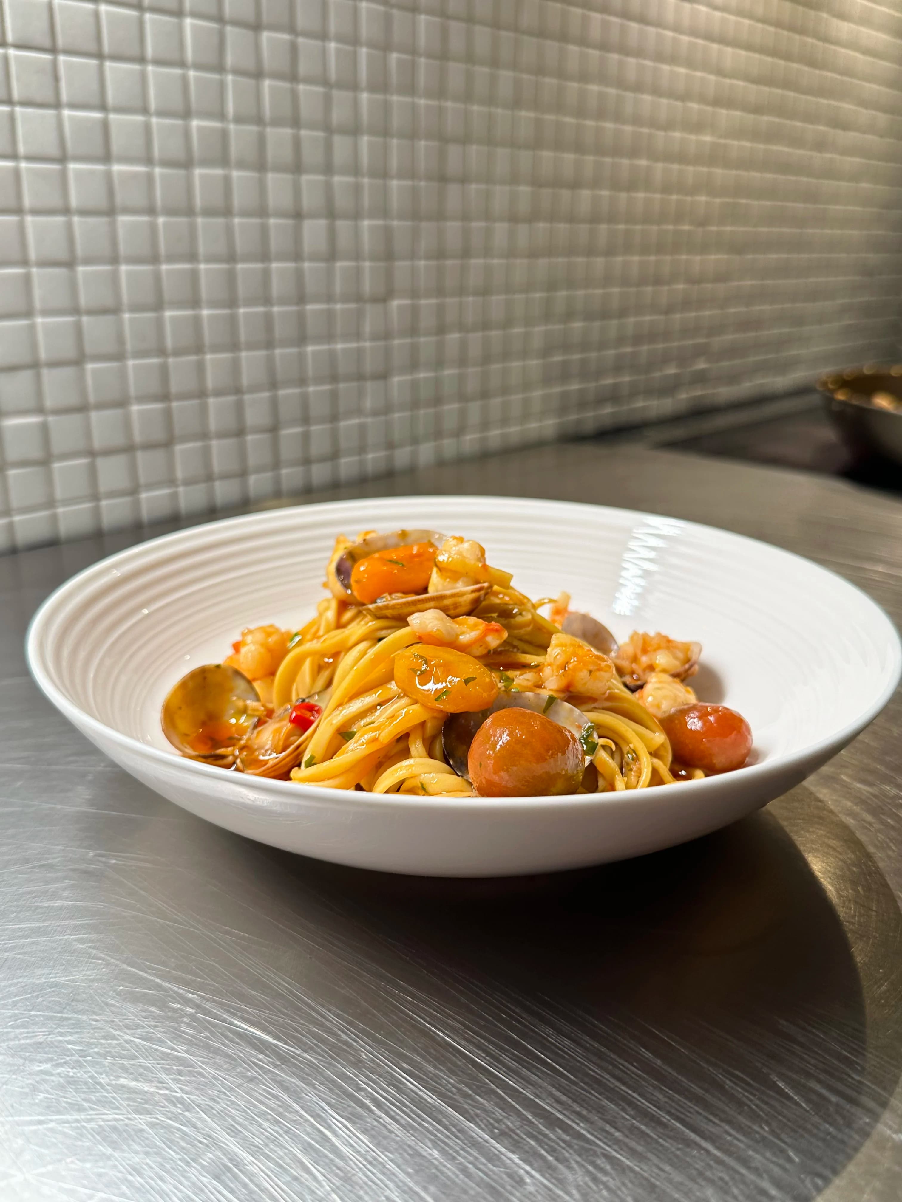 Picture for Spicy Prawn Linguine with Cherry Tomatoes, Vongole, and Chorizo Oil