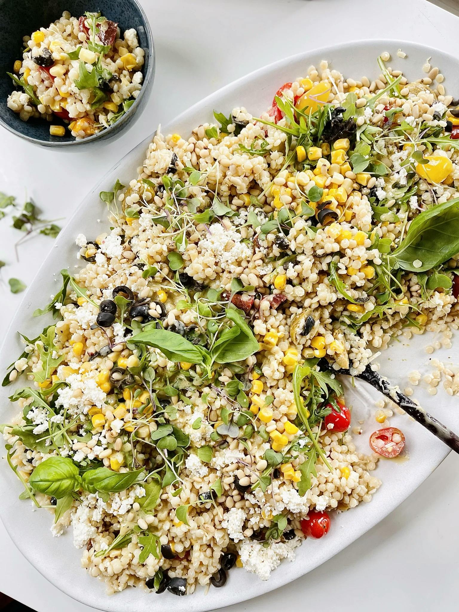Picture for Feta & Corn Couscous Pasta Salad with Arugula & Grilled Green Olives